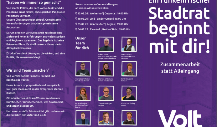 Volt Flyer zur Kommunalwahl Zirndorf. Er beinhaltet die Informationen zu unseren kandidierenden Personen, zu unserem Kurzwahlprogramm und unseren Terminen.