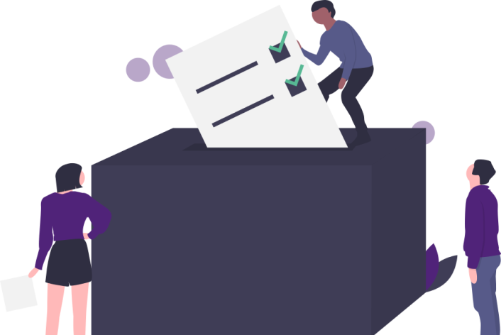 Illustration 3 Personen um eine Wahlurne