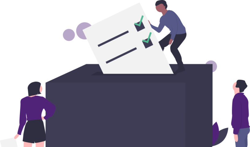 Illustration 3 Personen um eine Wahlurne