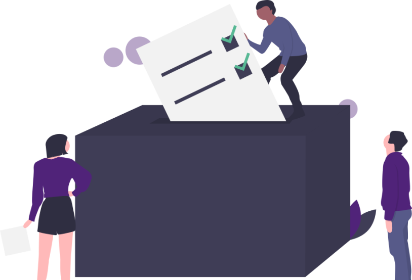 Illustration 3 Personen um eine Wahlurne