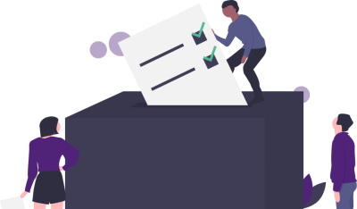 Illustration 3 Personen um eine Wahlurne