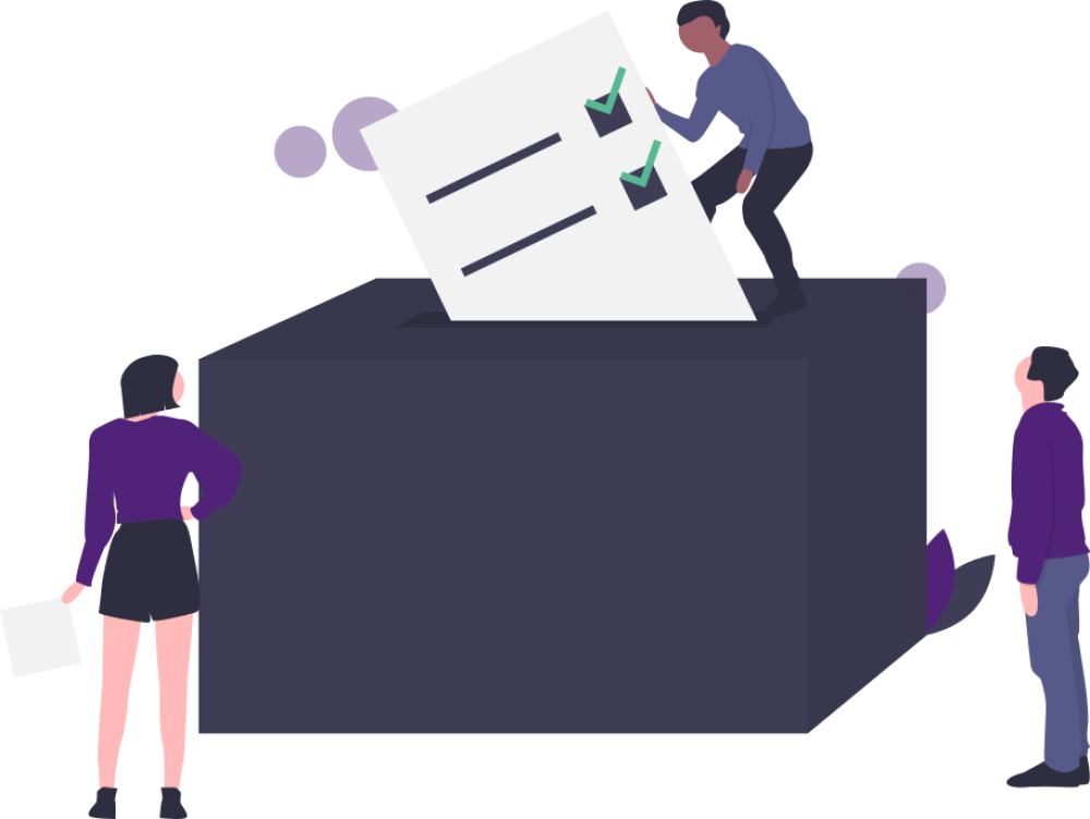 Illustration 3 Personen um eine Wahlurne