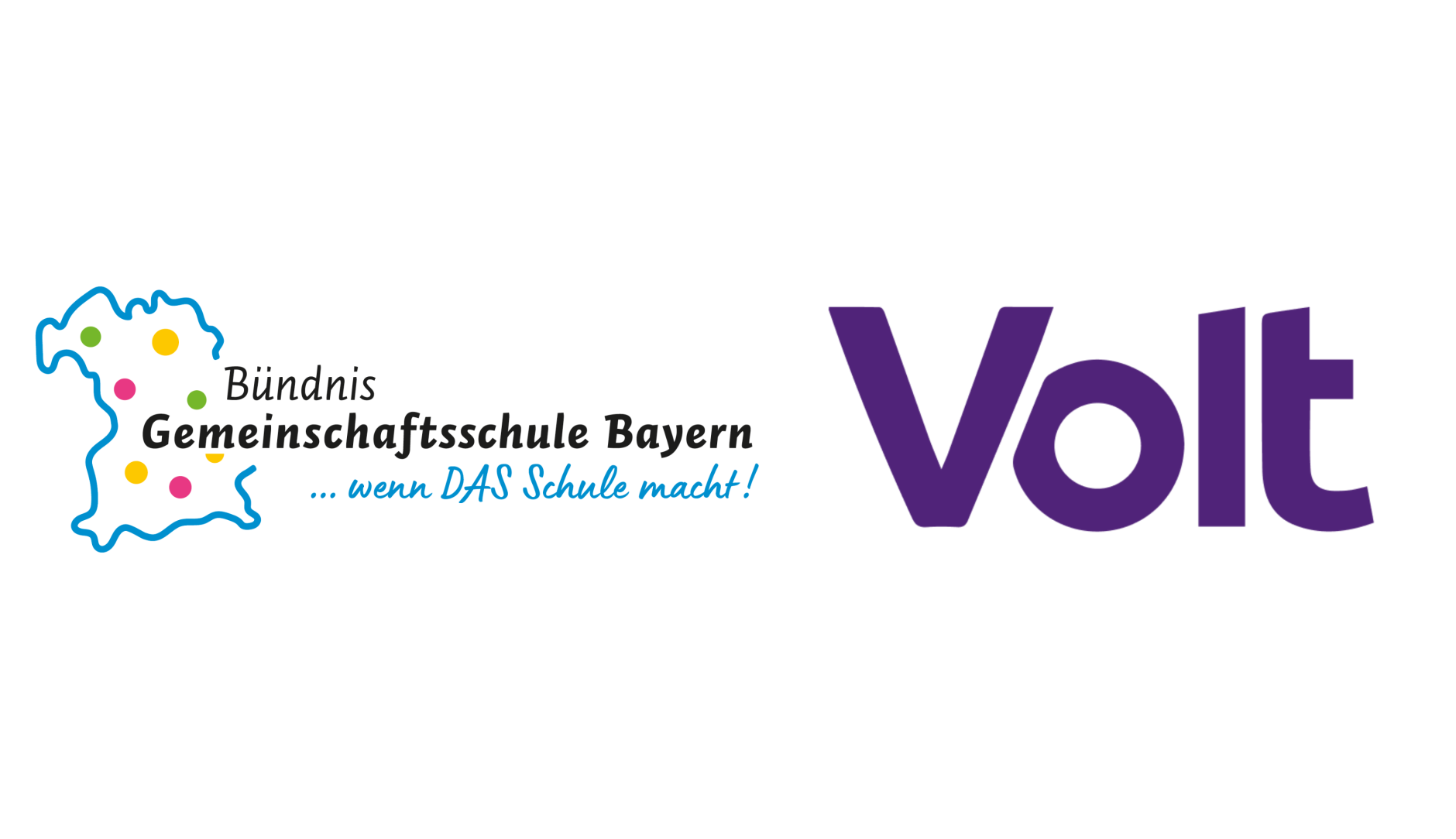 Logos von Bündnis Gemeinschaftsschule Bayern ...wenn DAS Schule macht! und Volt