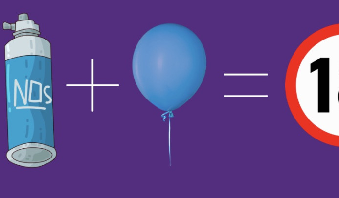 Eine Lachgasflasche und ein Luftballon neben einem Warnzeichen, dass 18+ zeigt
