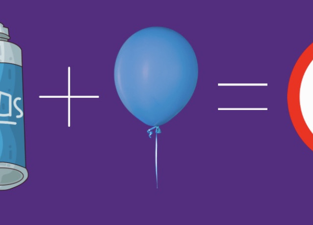 Eine Lachgasflasche und ein Luftballon neben einem Warnzeichen, dass 18+ zeigt