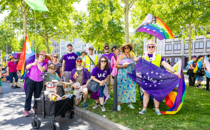 Ein Gruppenfoto auf der Augustaanlage von Volt auf der Monnem Pride. Die Menschen haben Flaggen in den Händen und schauen lächelnd in die Kamera