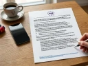 Der Volt-Antrag für eine familienfreundliche Stavo liegt auf einem Tisch, eine Hand hält einen Stift, links ein Handy, eine Tasse und ein Spielzeugauto. KI-generiertes Bild.