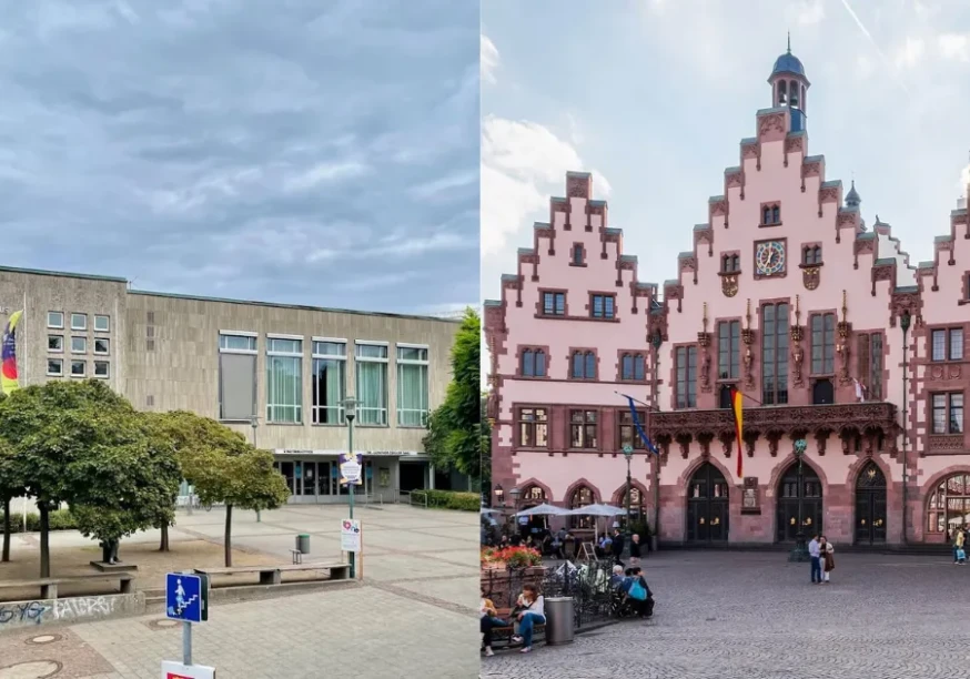 Linke Bildhälfte: Das Justus-Liebig-Haus in Darmstadt; rechte Bildhälfte: Der Römer (Rathauskomplex) in Frankfurt