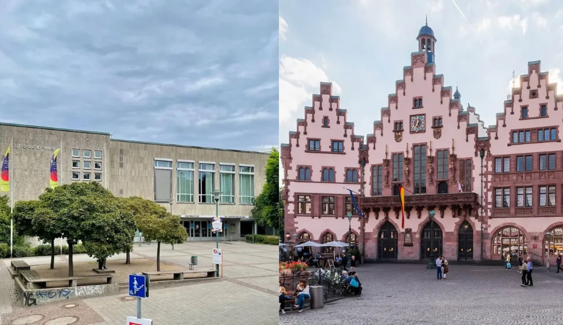 Linke Bildhälfte: Das Justus-Liebig-Haus in Darmstadt; rechte Bildhälfte: Der Römer (Rathauskomplex) in Frankfurt