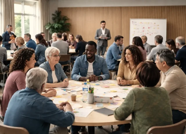 Menschen, die bei einem Bürgerrat um einen Tisch herum sitzen (KI-generiertes Bild)