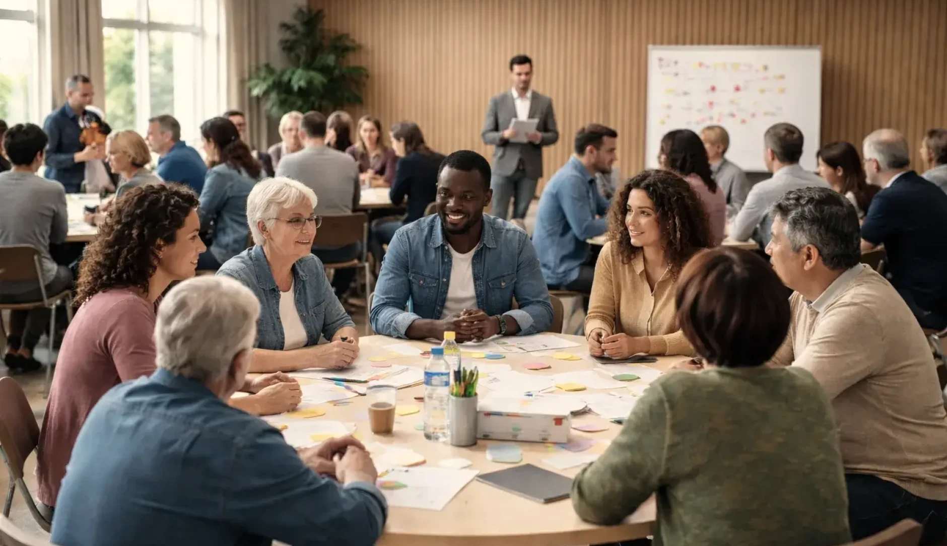 Menschen, die bei einem Bürgerrat um einen Tisch herum sitzen (KI-generiertes Bild)