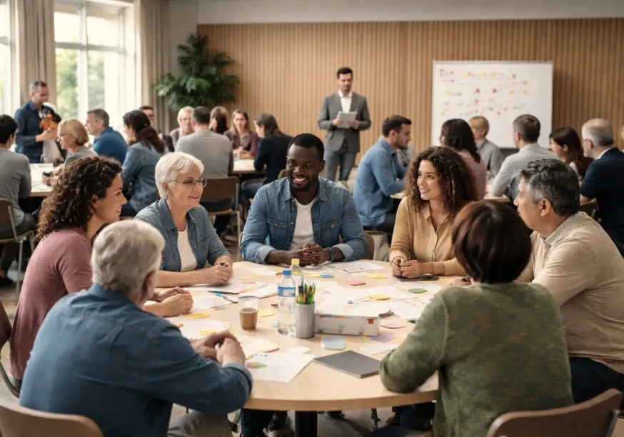Menschen, die bei einem Bürgerrat um einen Tisch herum sitzen (KI-generiertes Bild)