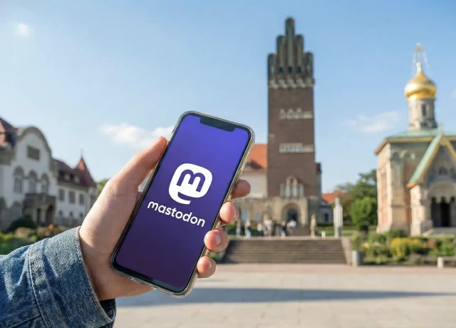 Symbolbild: Hand, die ein Handy mit dem Mastodon-Logo hält, im Hintergrund die Mathildenhöhe. Bild ist KI-generiert.