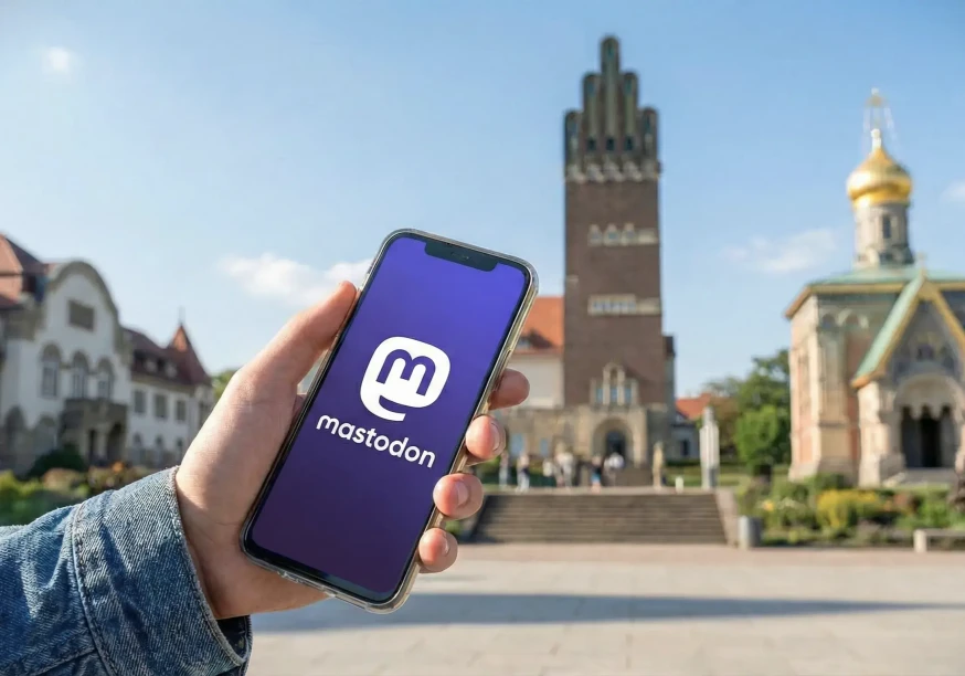 Symbolbild: Hand, die ein Handy mit dem Mastodon-Logo hält, im Hintergrund die Mathildenhöhe. Bild ist KI-generiert.