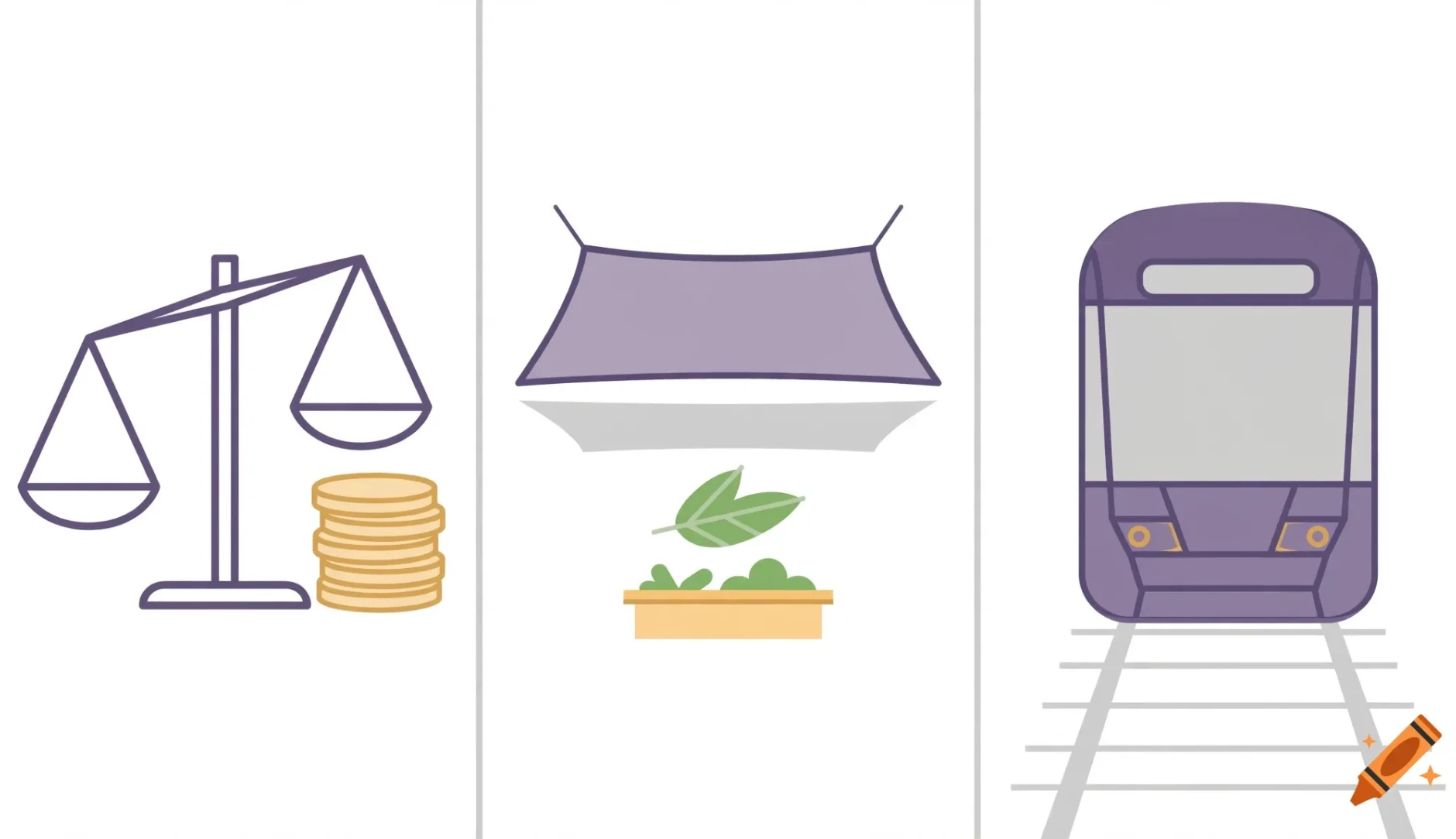 Dreigeteilte Grafik in Lila und Weiß: Symbole für sparsame Budgetierung (Waage), Hitzeschutz an Schulen (Sonnensegel) und öffentlichen Nahverkehr (Straßenbahn). Erstellt mit Craiyon.