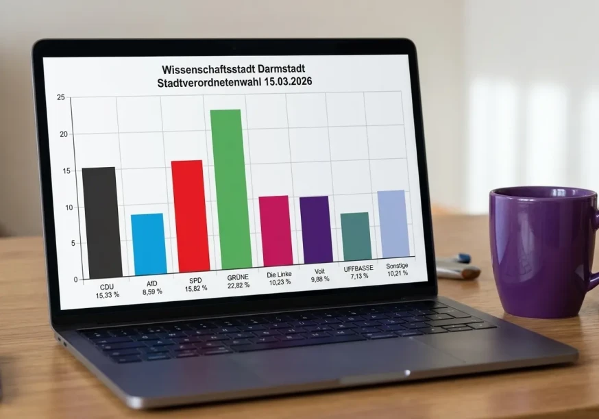 Balkendiagramm der Ergebnisse der Darmstädter Stadtverordnetenwahl, das auf einem Laptop angezeigt wird (KI-generiertes Bild)