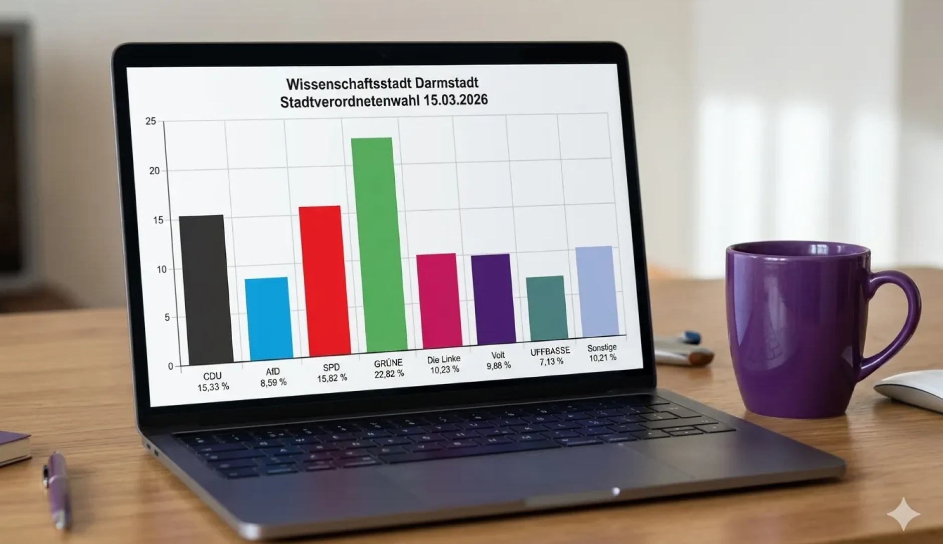 Balkendiagramm der Ergebnisse der Darmstädter Stadtverordnetenwahl, das auf einem Laptop angezeigt wird (KI-generiertes Bild)