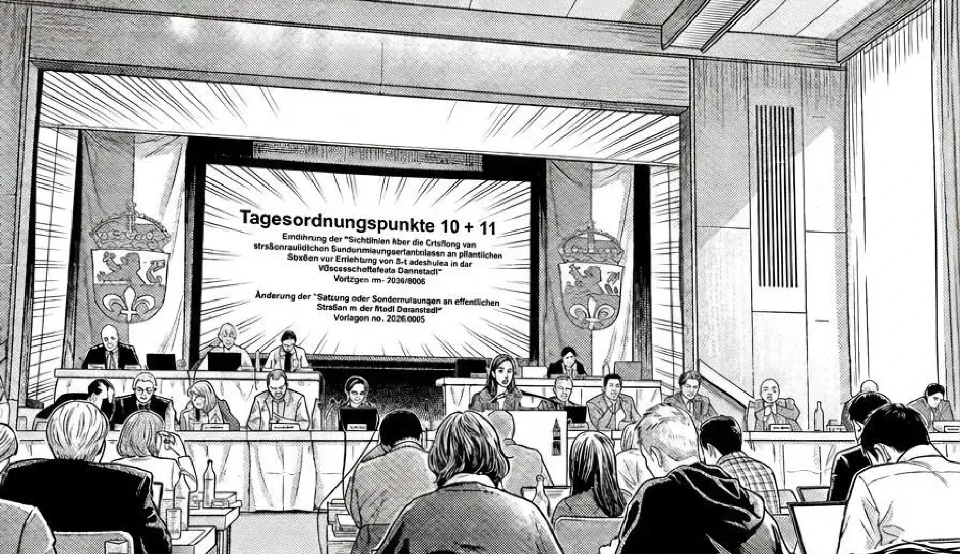Schwarz-weiß Zeichnung einer Sitzung des Darmstädter Stadtparlaments (KI-generiertes Bild)
