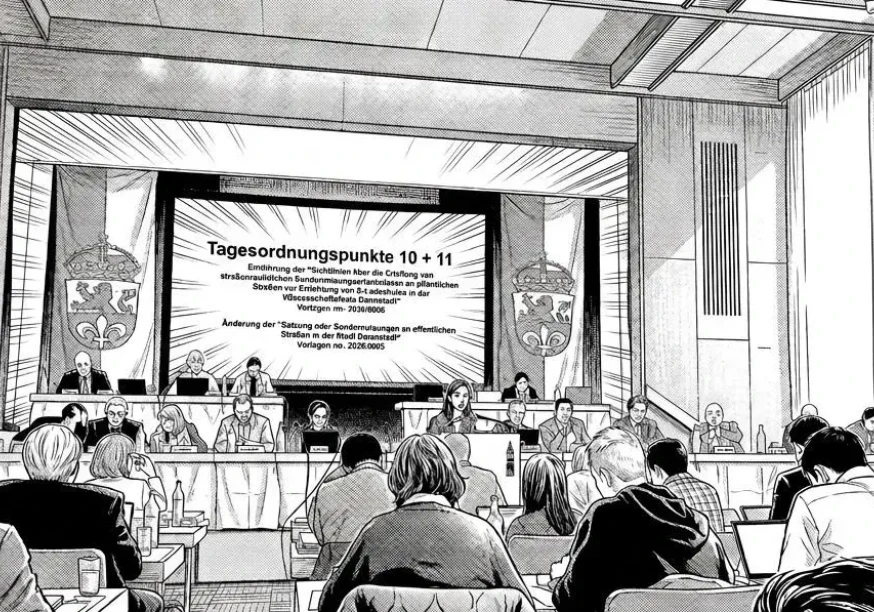 Schwarz-weiß Zeichnung einer Sitzung des Darmstädter Stadtparlaments (KI-generiertes Bild)