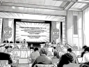 Schwarz-weiß Zeichnung einer Sitzung des Darmstädter Stadtparlaments (KI-generiertes Bild)