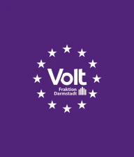 Weißes Logo der Volt-Fraktion Darmstadt auf lila Hintergrund