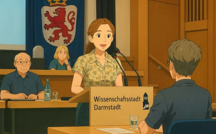Darstellung einer Rednerin in der Darmstädter Stadtverordnetenversammlung im Anime-Stil