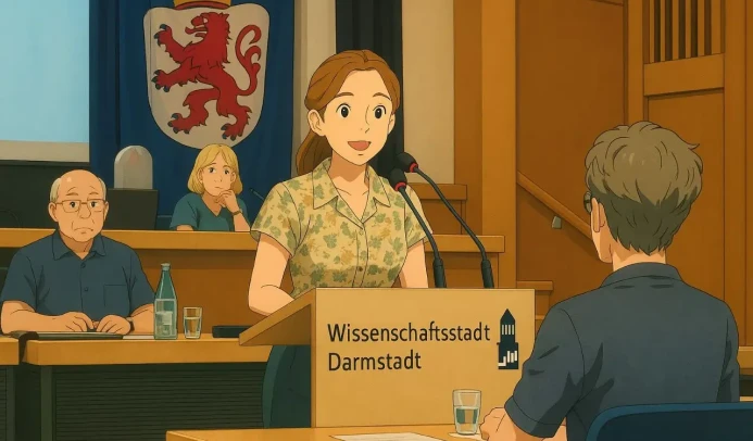 Darstellung einer Rednerin in der Darmstädter Stadtverordnetenversammlung im Anime-Stil