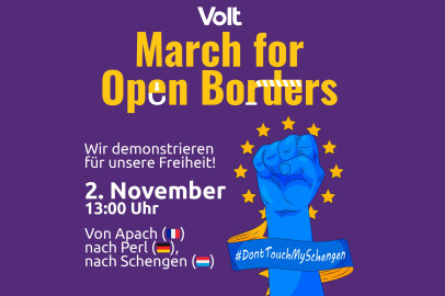 Volt March for Open Borders Aufruf, Am 2. November 13 Uhr, Von Apach (Frankreich), nach Perl(Deutschland), nach Schengen(Luxemburg)