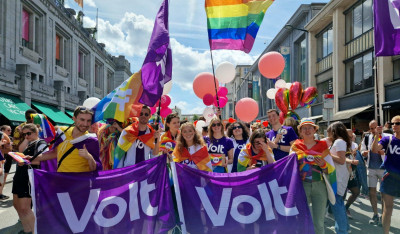 Foto mit vielen Volter*innen auf einer Pride-Demo