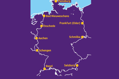 Karte von Deutschland und umliegenden Ländern mit den Orten, an denen der Marsch stattfinden wird