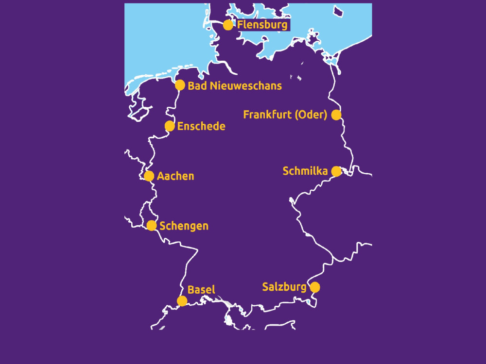 Karte von Deutschland und umliegenden Ländern mit den Orten, an denen der Marsch stattfinden wird