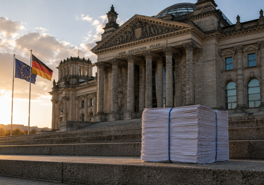 Bild des Bundestagsgebäudes in Berlin mit einem Packen Papier davor