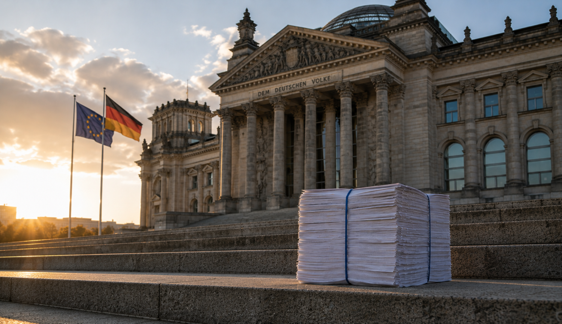 Bild des Bundestagsgebäudes in Berlin mit einem Packen Papier davor