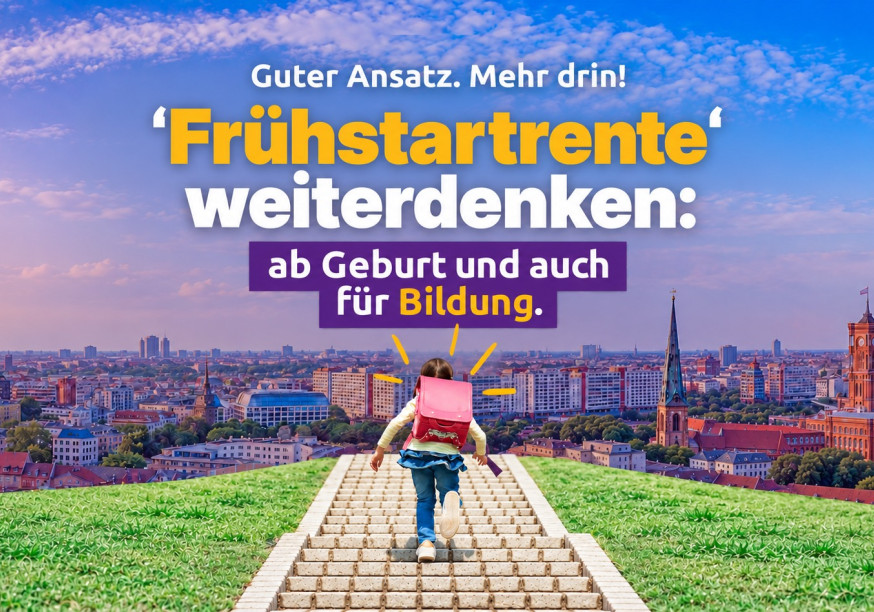 Ein Kind mit einem Schulrucksack, das eine Treppe hoch läuft