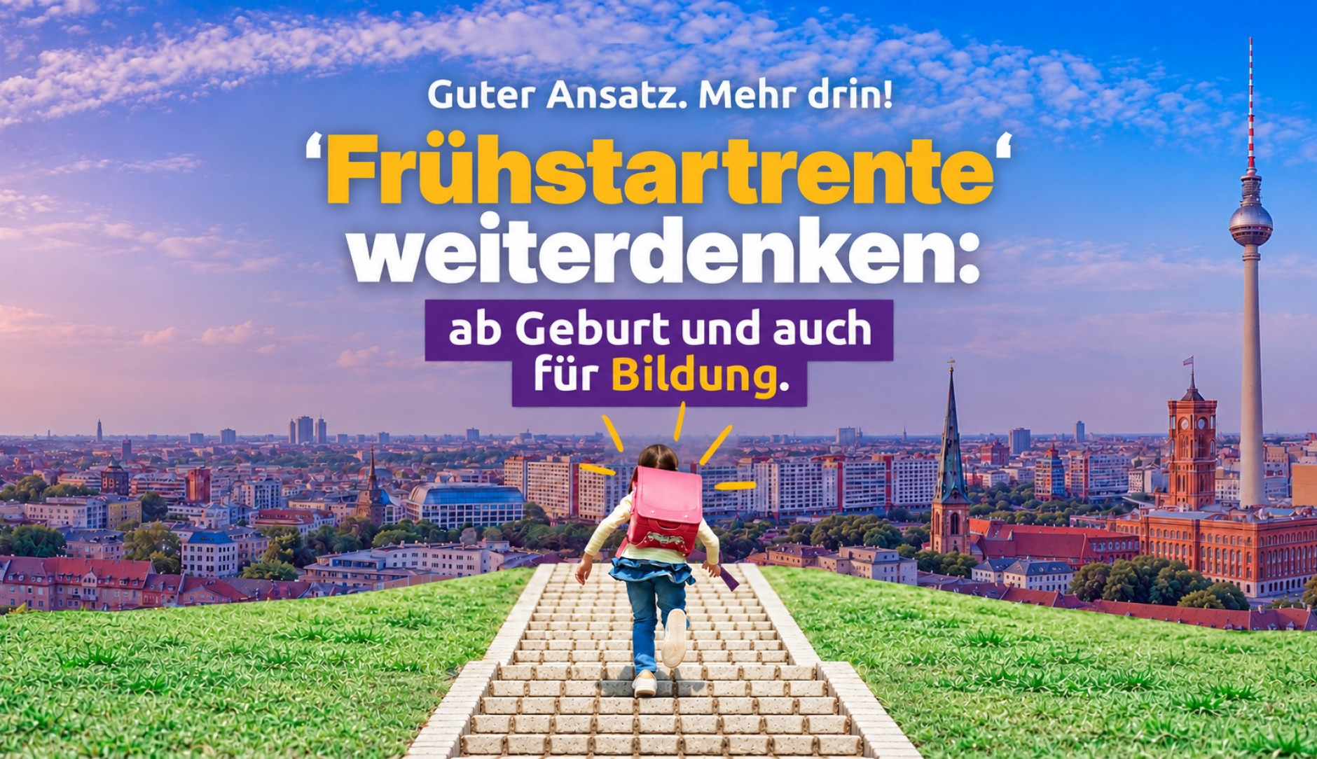 Ein Kind mit einem Schulrucksack, das eine Treppe hoch läuft