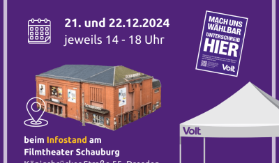 Infostand am Filmtheater Schauburg am 21. und 22.12.2024 jeweils von 14-18 Uhr