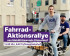 Zwei Männer mit Volt-T-Shirts fahren auf einem Lastenrad durch die Stadt. Im Vordergrund ist ein lila Banner mit der Aufschrift: 'Fahrrad-Aktionsrallye von Mobilitätswende Düsseldorf, 15:30 Uhr, KAP13/Hauptbahnhof'