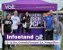 Sechs Personen stehen und lächeln vor einem lila Pavillon mit Volt-Logo und der Aufschrift 'Sei kein Arschloch'. Auf dem Tisch liegen Infomaterialien. Vorne im Bild ist ein Schriftbanner eingeblendet: 'Infostand – 12-16 Uhr, Dreieck/Venloer Str, Pempelfort'.