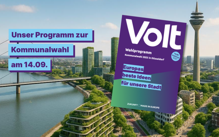 Bild des Deckblattes des Wahlprogrammes von Volt Düsseldorf 2025 vor einer Kulisse Düsseldorfs mit dem Rheinturm im Hintergrund