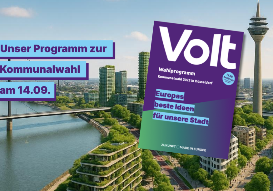 Bild des Deckblattes des Wahlprogrammes von Volt Düsseldorf 2025 vor einer Kulisse Düsseldorfs mit dem Rheinturm im Hintergrund