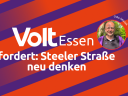 Grafik mit diagonalen lilafarbenen und orangenen Streifen. In der Mitte steht der Text: Volt Essen fordert: Steeler Straße neu denken. Rechts oben ein rundes Porträtfoto mit dem Namen Udo Misjak.