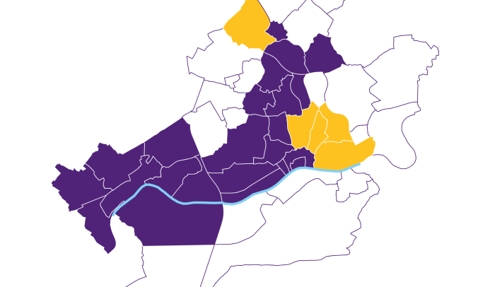 Karte von Frankfurt mit in lila gekennzeichnet, in welchen Ortsbeiräten Unterstützungsunterschriften gesucht werden.