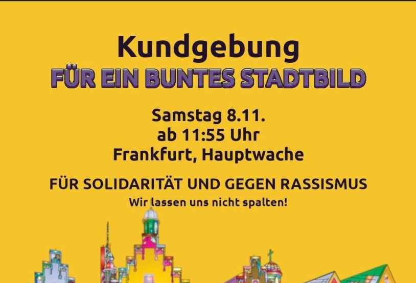 Das Bild zeigt den Frankfurter Römer in bunt. Im Text ruft Volt Frankfurt zu einer Kundgebung für ein buntes Stadtbild am 8.11., 11:55 Uhr auf.