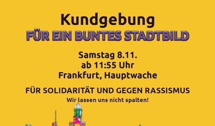 Das Bild zeigt den Frankfurter Römer in bunt. Im Text ruft Volt Frankfurt zu einer Kundgebung für ein buntes Stadtbild am 8.11., 11:55 Uhr auf.