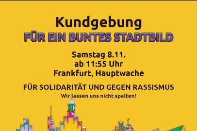 Das Bild zeigt den Frankfurter Römer in bunt. Im Text ruft Volt Frankfurt zu einer Kundgebung für ein buntes Stadtbild am 8.11., 11:55 Uhr auf.