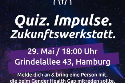 Die Silhouette einer Frau ist unterschrieben mit: Quiz, Impulse, Zukunftswerkstatt. 29. Mai, 18 Uhr Grindeallee 43 Hamburg. Melde dich an und bring eine Person mit, die beim Gender Health Gap mitreden sollte. Volt Hamburg Women.