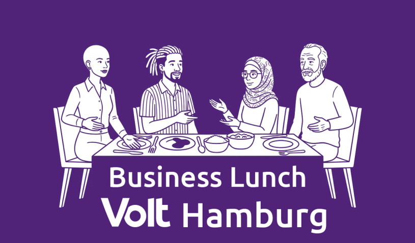 Wir sehen: Vier Personen beim Lunchen um einen Tisch, darunter der Schriftzug: Business Lunch Volt Hamburg