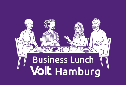 Wir sehen: Vier Personen beim Lunchen um einen Tisch, darunter der Schriftzug: Business Lunch Volt Hamburg