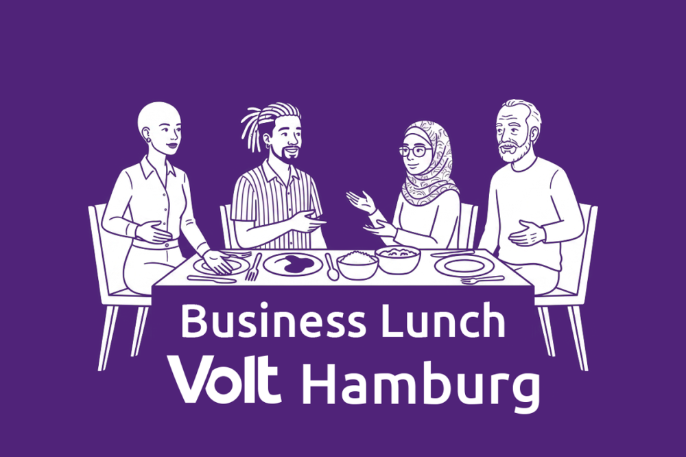 Wir sehen: Vier Personen beim Lunchen um einen Tisch, darunter der Schriftzug: Business Lunch Volt Hamburg