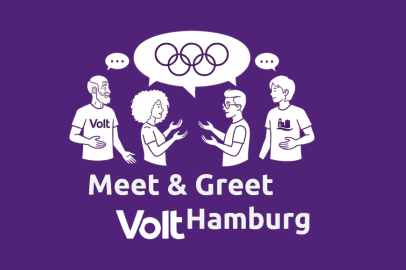 Auf Volt-violettem Hintergrund diskutieren vier verschiedene Personen mit offenen Händen. In der Sprechblase sieht man die fünf Olympiaringe. Der darunter Schriftzug sagt: Meet & Greet Volt Hamburg
